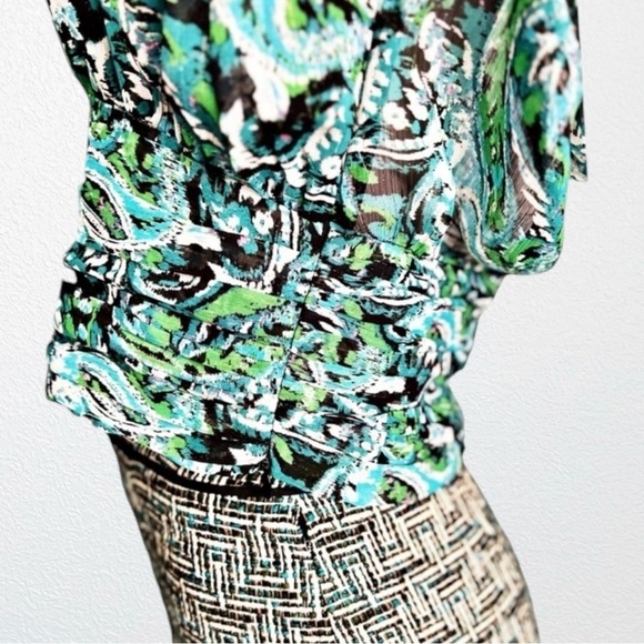 Zara Paisley Print High Neck Ruched Blouse Green + Multi SZ L - Picture 9 of 12